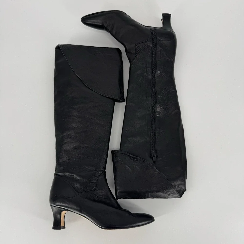 Vintage Vera Cruz Black Leather Thigh High Boots 80s Slouchy Kitten Heel Size 6